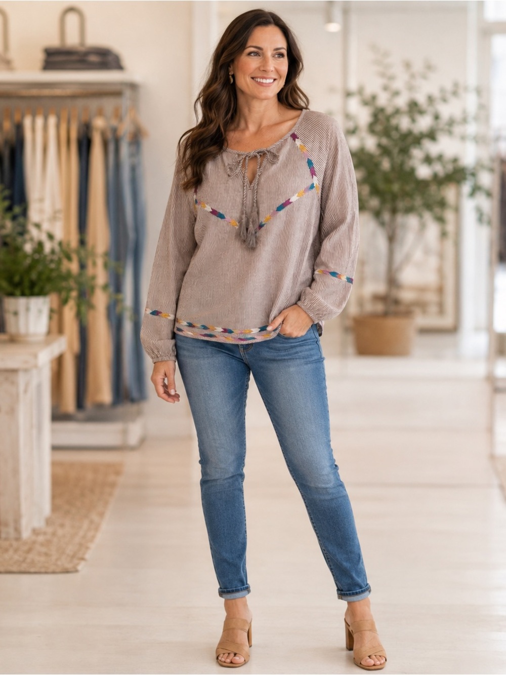Savanna Jane Taupe Embroidered Tie-Neck Peasant Blouse